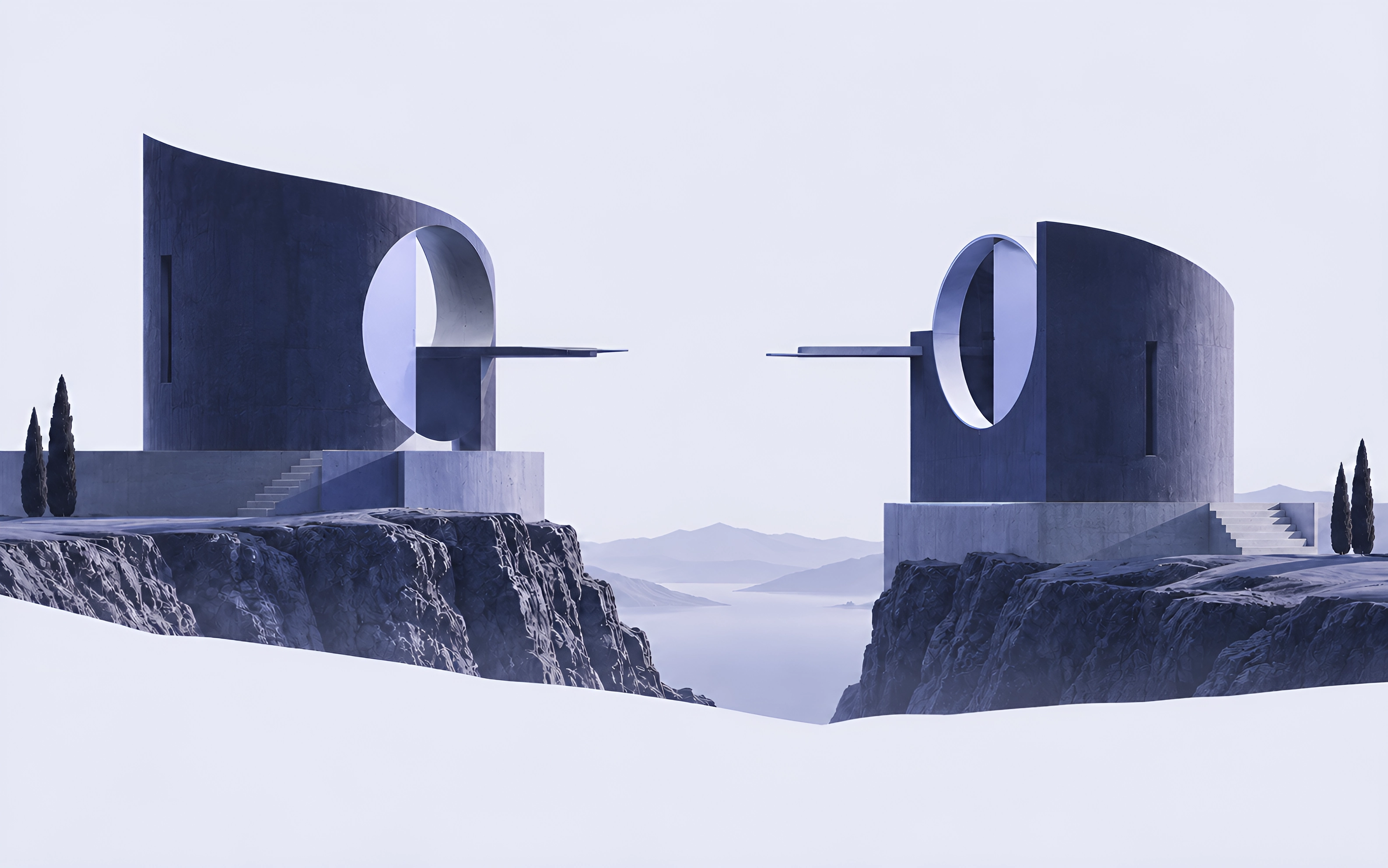 Two observatories face each other across a valley, their ledges reaching toward a shared discovery.