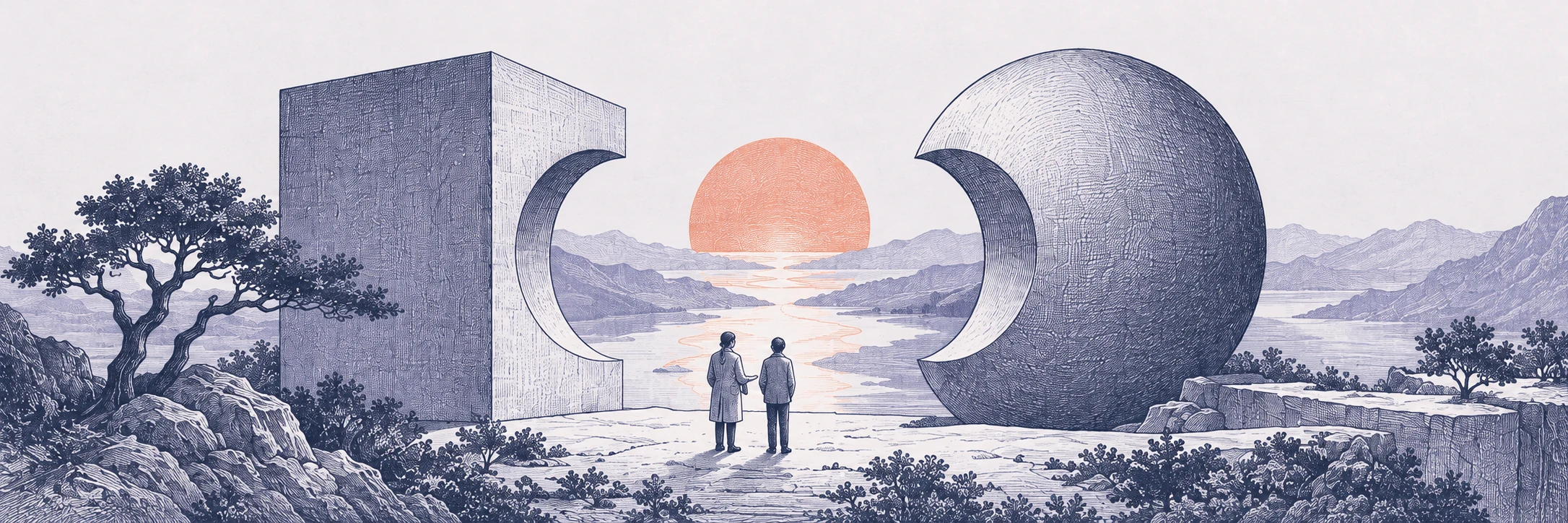 Scientific engraving of two figures watching a sunrise between a great cube and a sphere in an open landscape.