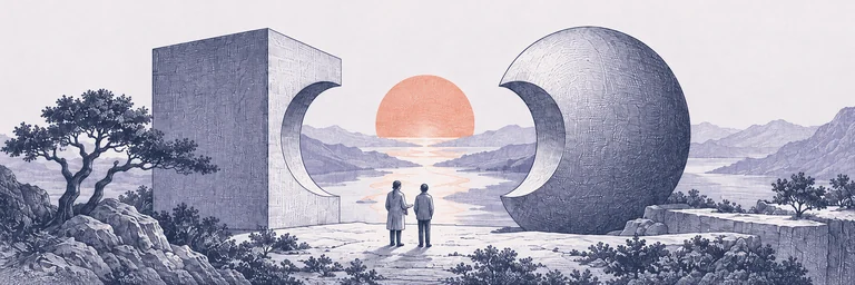 Scientific engraving of two figures watching a sunrise between a great cube and a sphere in an open landscape.