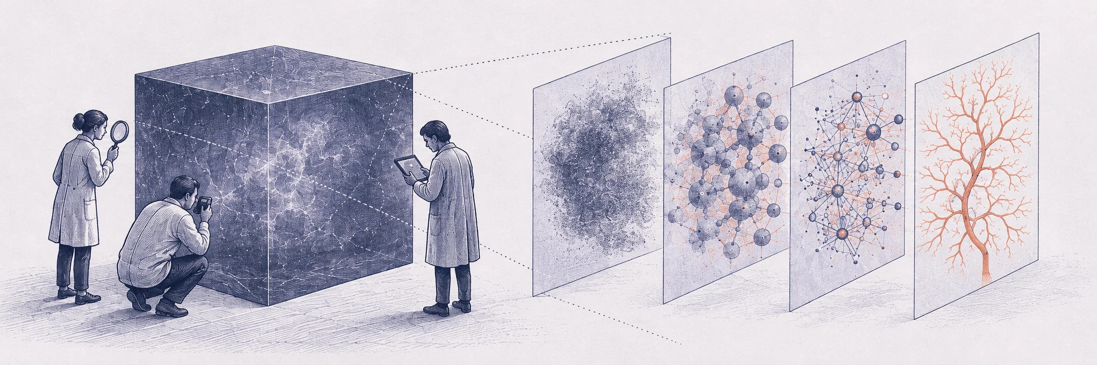 Scientific engraving of researchers examining a large translucent cube beside a series of panels showing emerging patterns.
