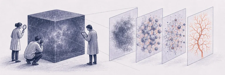 Scientific engraving of researchers examining a large translucent cube beside a series of panels showing emerging patterns.