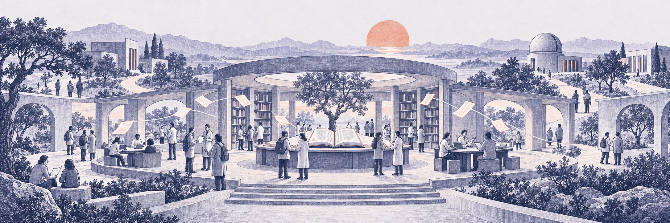Scientific engraving of an open arched forum where researchers gather at tables around a central tree, with an observatory dome beyond.