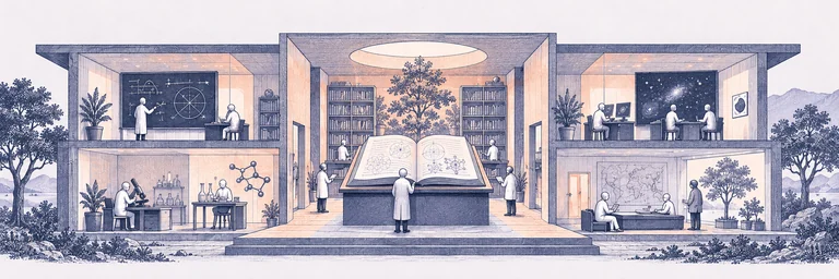 Scientific engraving of a cutaway research building with agents at work in rooms around a large open book.