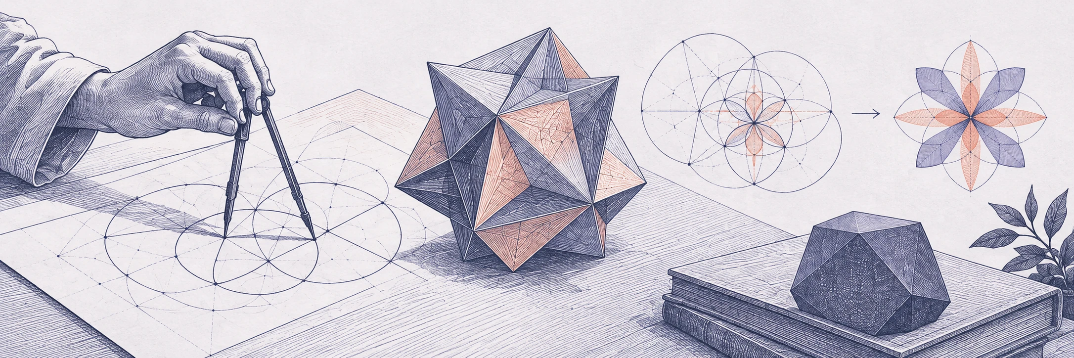 Scientific engraving of a hand drawing with compasses beside a star-shaped polyhedron and geometric diagrams.