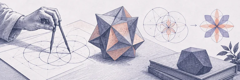 Scientific engraving of a hand drawing with compasses beside a star-shaped polyhedron and geometric diagrams.