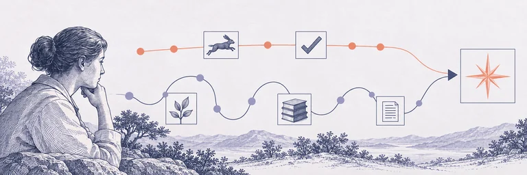 Scientific engraving of a thinker following a dotted path through a sequence of reasoning steps towards a solution.