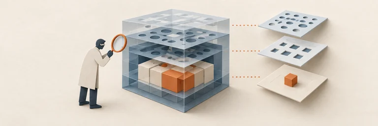 Layered paper relief of a researcher with a magnifying glass examining a translucent layered block with an orange cube inside, beside three separated layers.