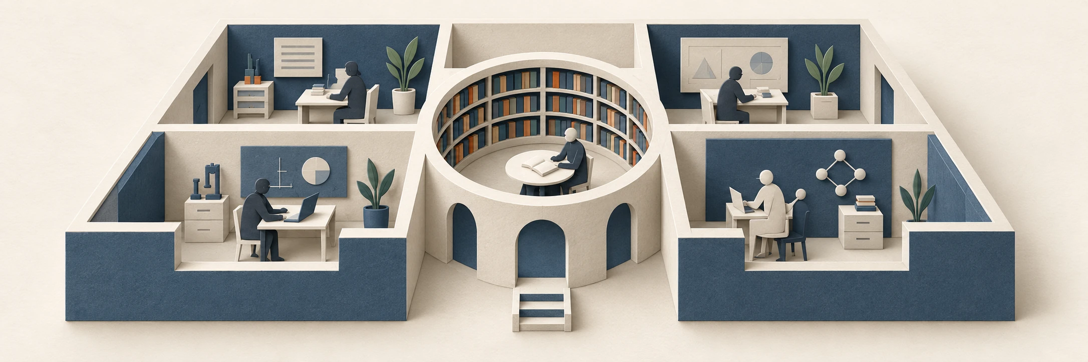 Layered paper relief of a roofless research building with four rooms of small researchers around a circular central library.