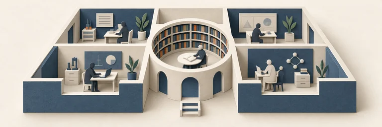 Layered paper relief of a roofless research building with four rooms of small researchers around a circular central library.